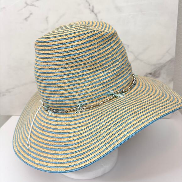 Gigi Burris Millinery Womens Jeanne Staw Hat Striped Metal Feather Summer Blue main image 4